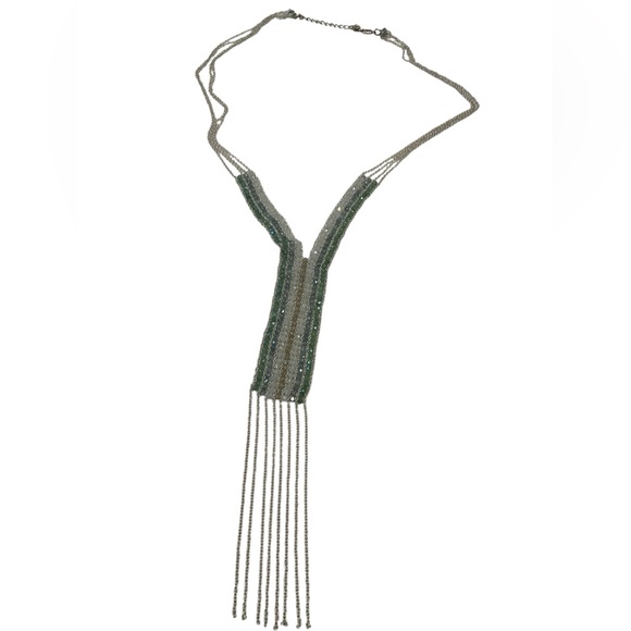 Nakamol Jewelry - Long Nakamol Green Bead and Silver Chain Fringe Necklace, Excellent Condition